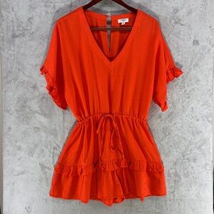 Umgee Orange Linen Blend V Neck Ruffled Romper Size M